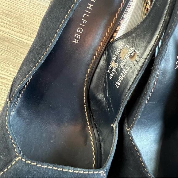 Tommy Hilfiger Vivienne wedge navy suede gingham sling peep toe sandals size 7 - Picture 8 of 14